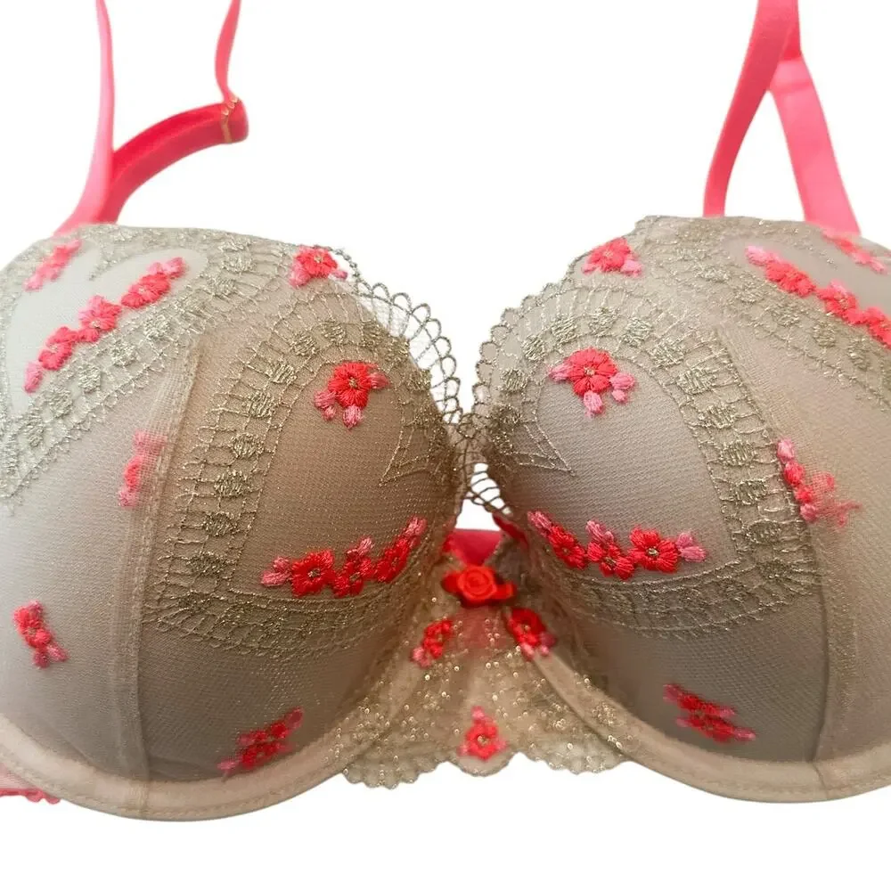 Victoria's Secret Dream Angels Floral Cream Orange Embroidered Bra 32D